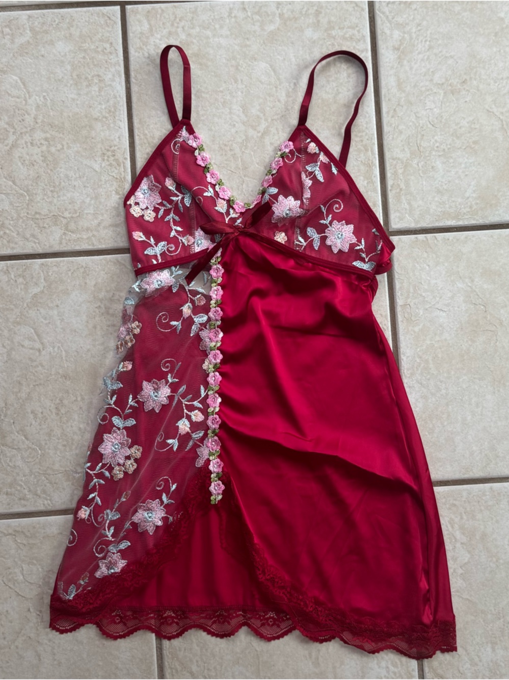 Floral Embroidered Satin Chemise - Deep Red Asian